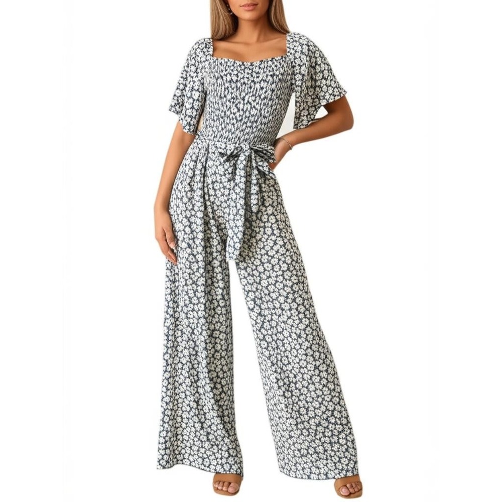 NWT Hayden Blue & White Floral Wide-Leg Jumpsuit Size S